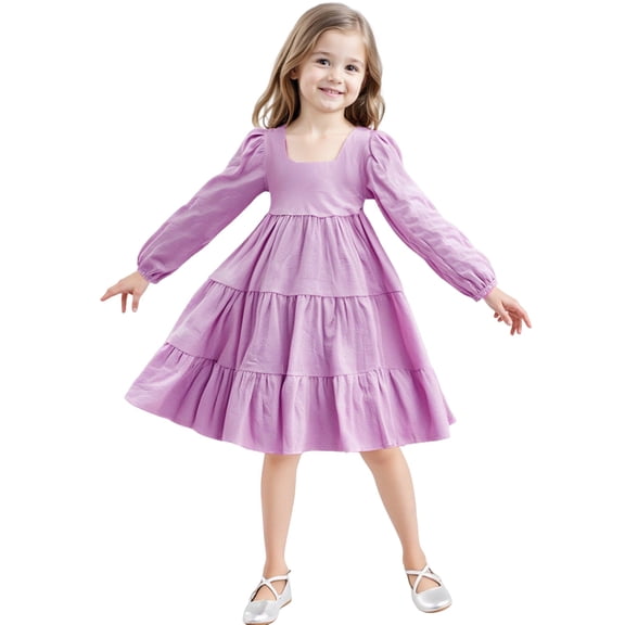 XXWXYD Little Girls Dress Long Sleeve Square Neck Solid Multi Tier A Line Big Swing Dresses Fall Spring Casual Church Par𝗍y Princess Flared Gown 2 to 7 Years Formal