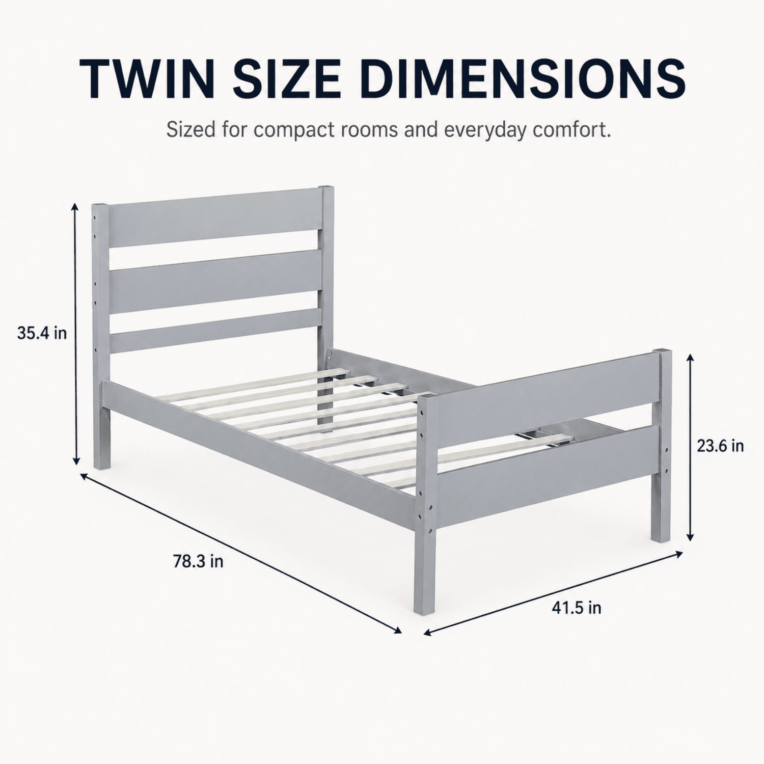 Miniyam Twin Bed Frame, Solid Rubber Wood Platform Bed with Headboard and Footboard, Gray