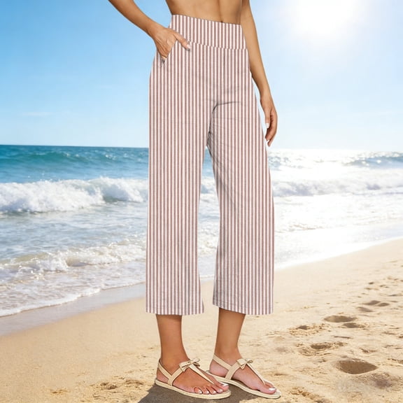 ClodeEU Women's Striped High Waist Straight Leg Cropped Pants,Casual Solid Color Capri Pants with Pockets Beige,Women's Plus L