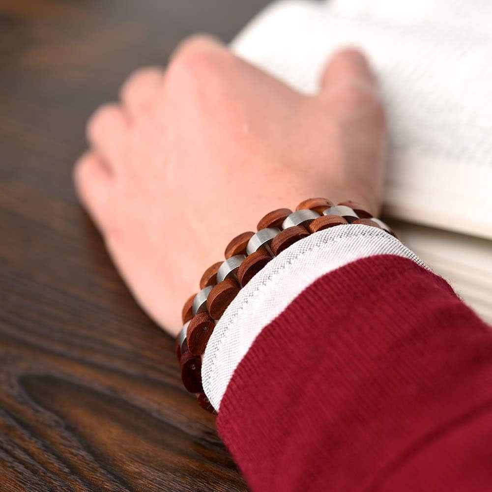 Wollet Wooden Bracelet for Men Stainless Steel Wood Jewelry Great Gift for Men,7.4 inches