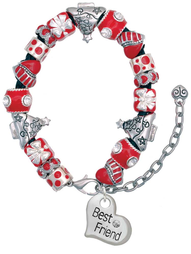 'Best Friends' Red Enamel Heart Bead Charm Fits European Bracelets &Necklace 