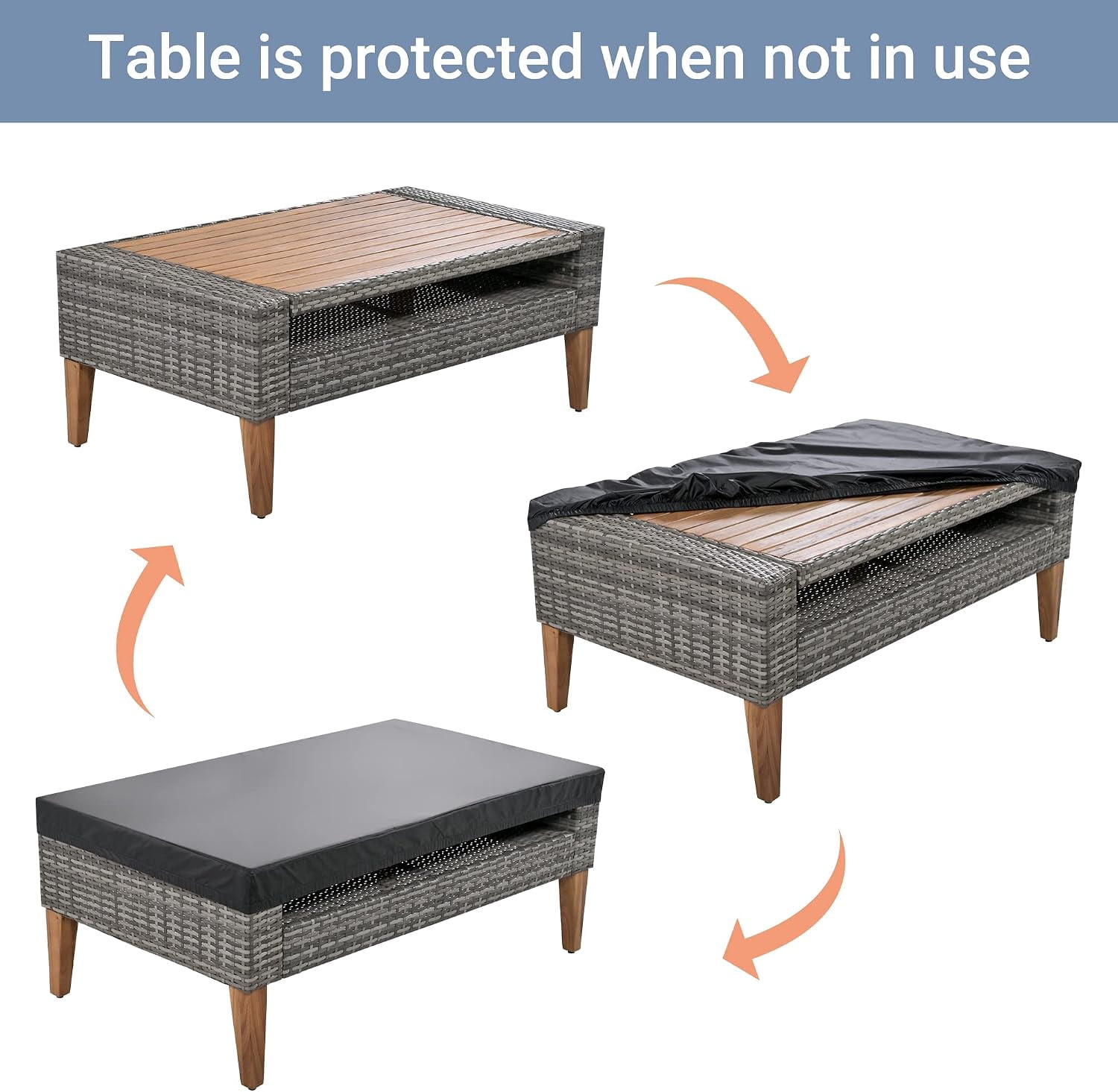 6-Piece All Weather PE Wicker Patio Sofa Set, Outdoor Rattan Seating with Double Cushions, Wood Table Top & Legs, Beige & Gray