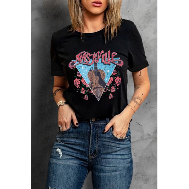 ABPHQTO Camiseta de manga corta con estampado gráfico de letras de flores de guitarra negra para mujer
