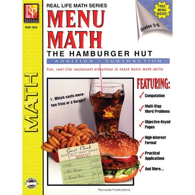 Remedia Publications REM102ABN 2 Chaque Menu Maths Livre de Hamburgers Ajouter et Soustraire - Grade 3-6