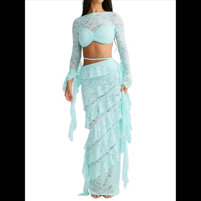 Conjunto de 2 Piezas de Camiseta Sin Mangas con Encaje de Cuerda para Mujer, Faldas Escalonadas Ajustadas, Vestido de Cóctel para Fiesta. Azul M