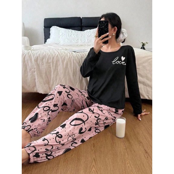Womens Multicolor Heart Print Long Sleeve Pajama Set, Soft Cozy Sleepwear
