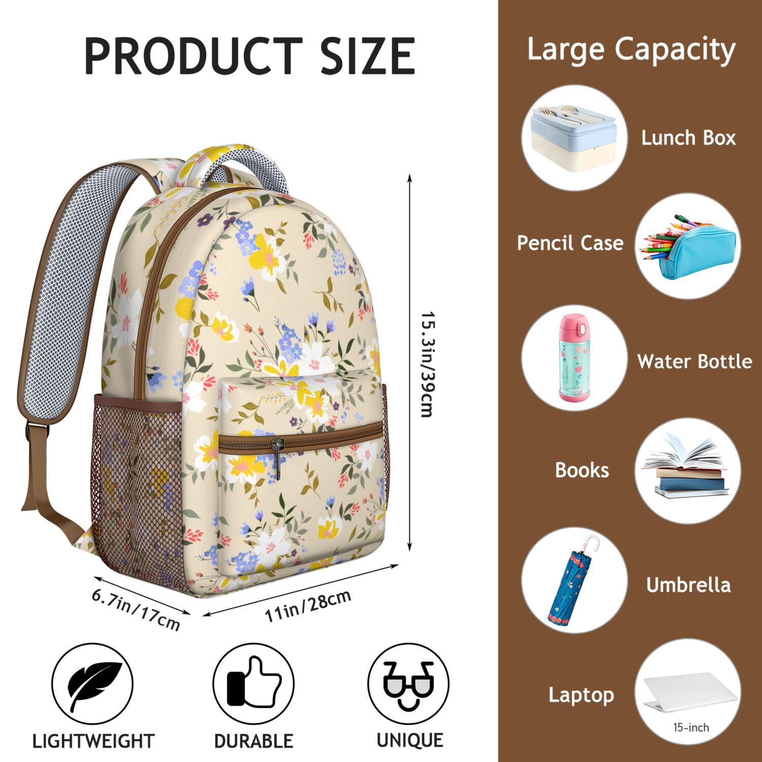 Summer Bright Floral Print Backpack - Waterproof Stylish Bookbag for College