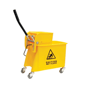 A Person Holds A Bucket Of Weight 60n H.B. Smith 24QSPW 24-Quart Wheeled Mop Bucket with Wringer, Yellow