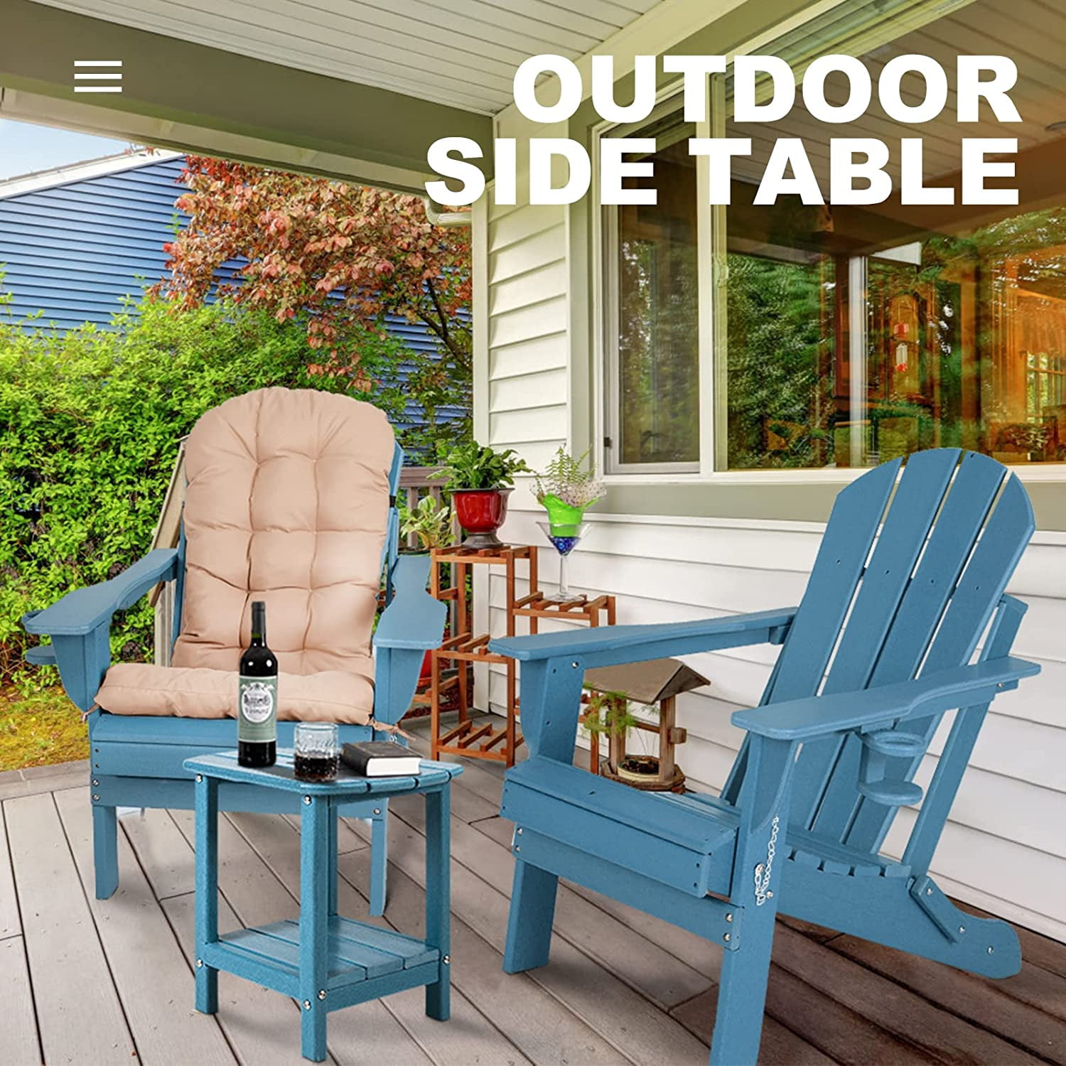 Nalone End Table Adirondack Small Side Table 16.5" Outdoor HDPE Plastic Small End Table for Home Living Room Bedroom Patio Farmhouse Patio (Blue)