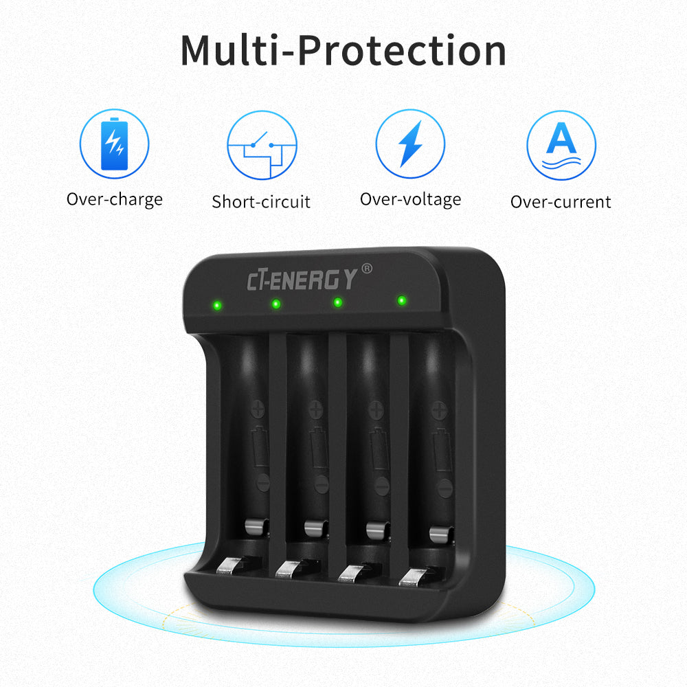 CT-ENERGY Rechargeable AA Lithium Batteries 4 Pack with Charger Kit, 1.5V 3300mWh with 4 Bay Smart Fast Charger for Xbox Battery Replacing