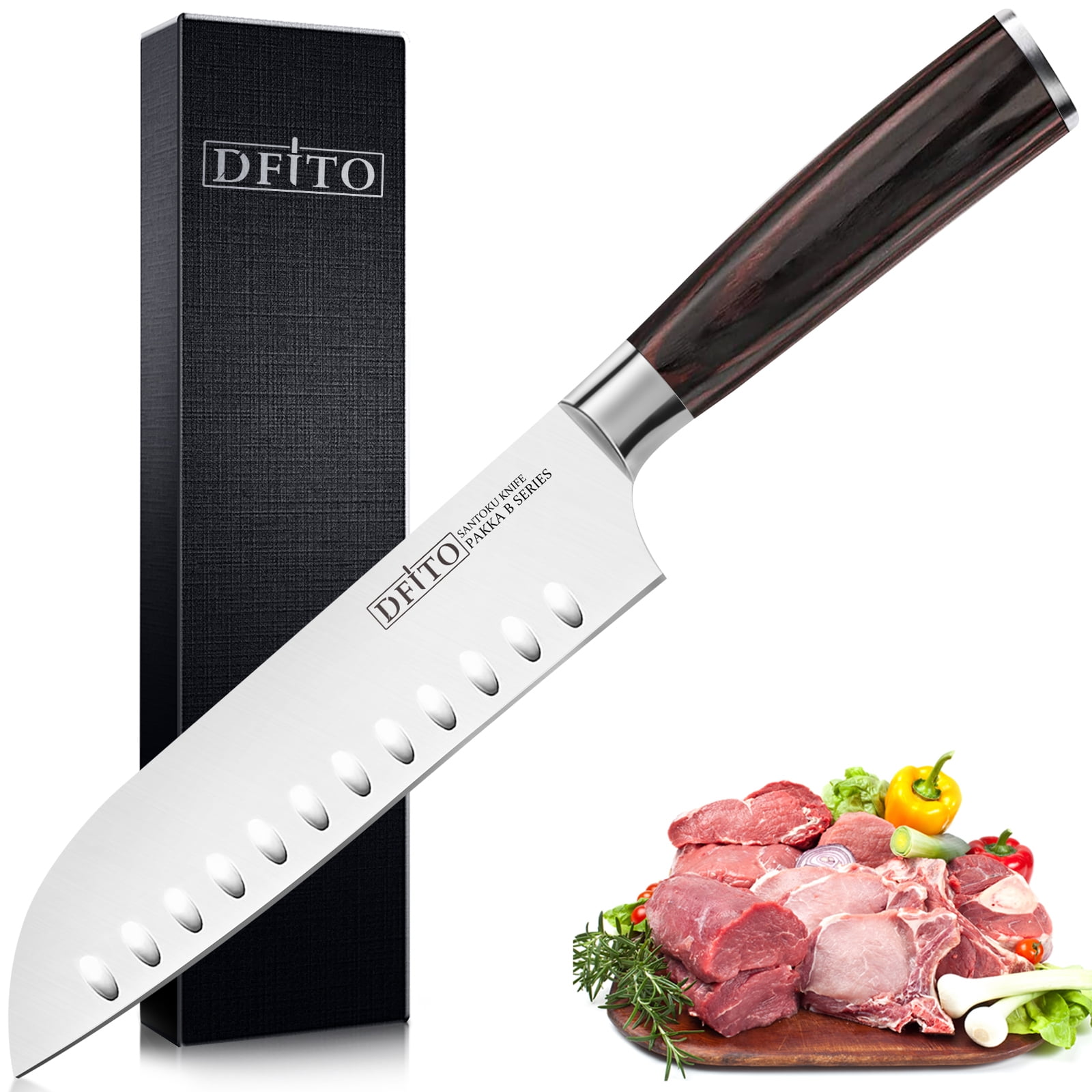 HexClad 7 inch Santoku Knife Japanese Damascus Stainless Steel Full Tang, Silver