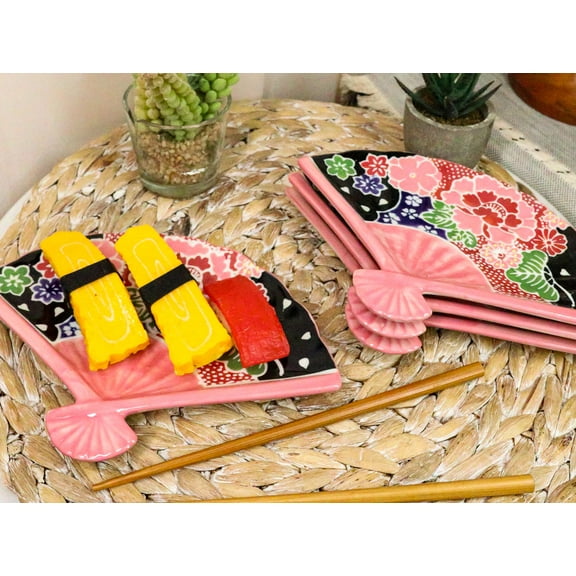 Ebros Set Of 4 Pink Floral Blossoms Oriental Fan Shaped Appetizer Sushi Plates