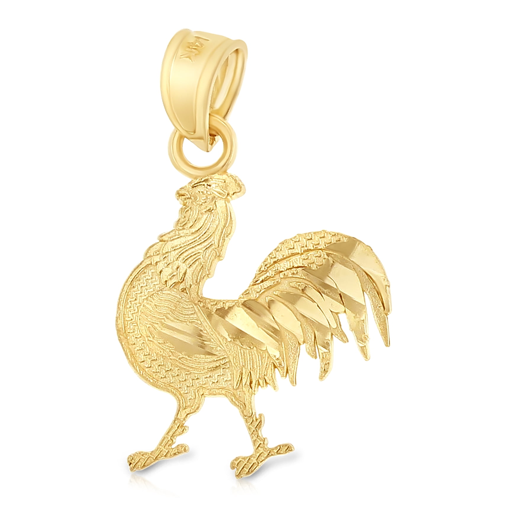 14K Yellow Gold Rooster Charm Pendant with 1.5mm Flat Open Wheat Chain Necklace