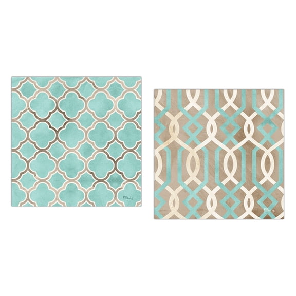 Teal and Gray Quatrefoil and Geometric Patterned Prints; Two 12x12 Poster Prints