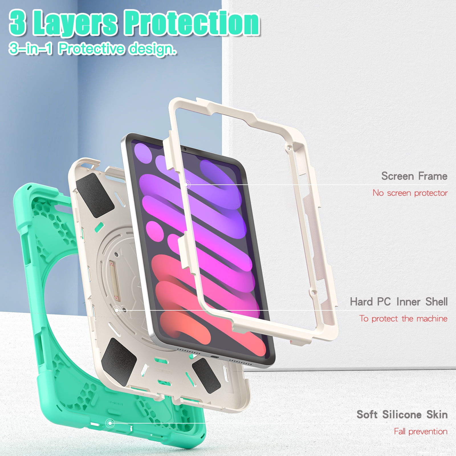 Portable Rugged Case for 2021 Apple iPad Mini 8.3" (6th Generation 2021 Release) - Rotating Stand Case with Adjustable Hand/Shoulder Strap, Built-in Pencil Holder, Shockproof Hard Cover (Mint Green)