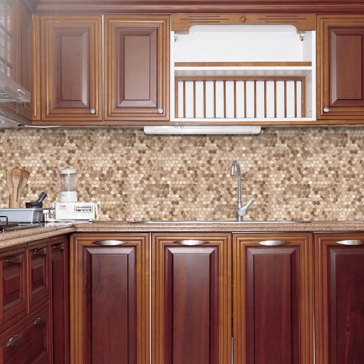 SELECT 5 Pack Hexagon Peel and Stick Backsplash Tiles, Self Adhesive Metal Backsplash Stick On Aluminum Tiles for Kitchen Bathroom, 12” x 12” Wall Tiles w/10 Edge Pieces, Brushed Gold