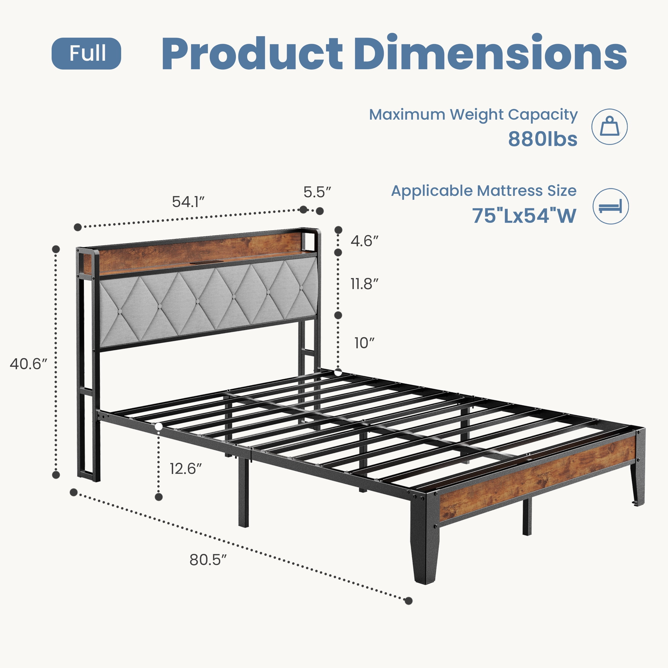 CONCETTA Full Bed Frame, Heavy Duty Metal, Storage Headboard with Charging Station, Noise Free, No Spring Box Required, 880lbs Capacity