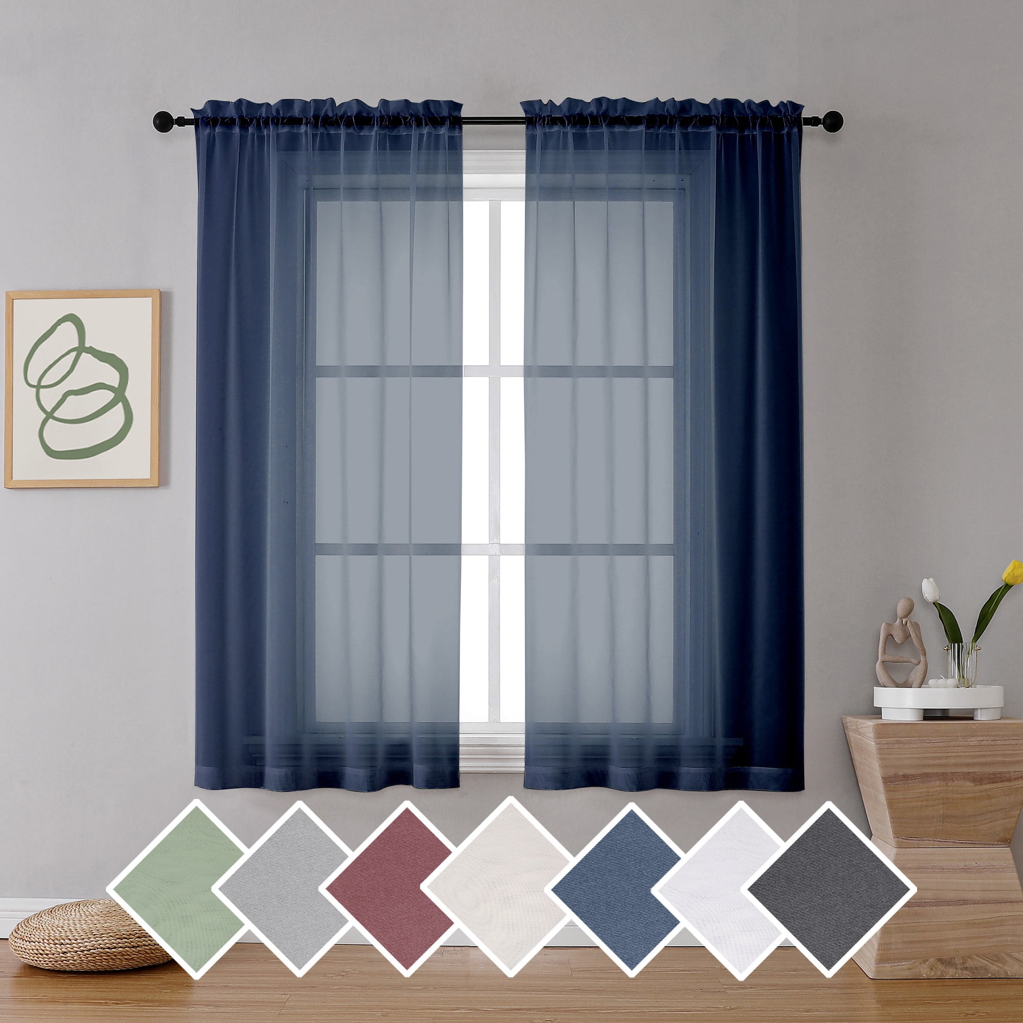 OVZME Sheer Curtains 63 inch Length Set of 2, Rod Pocket Voile Drapes