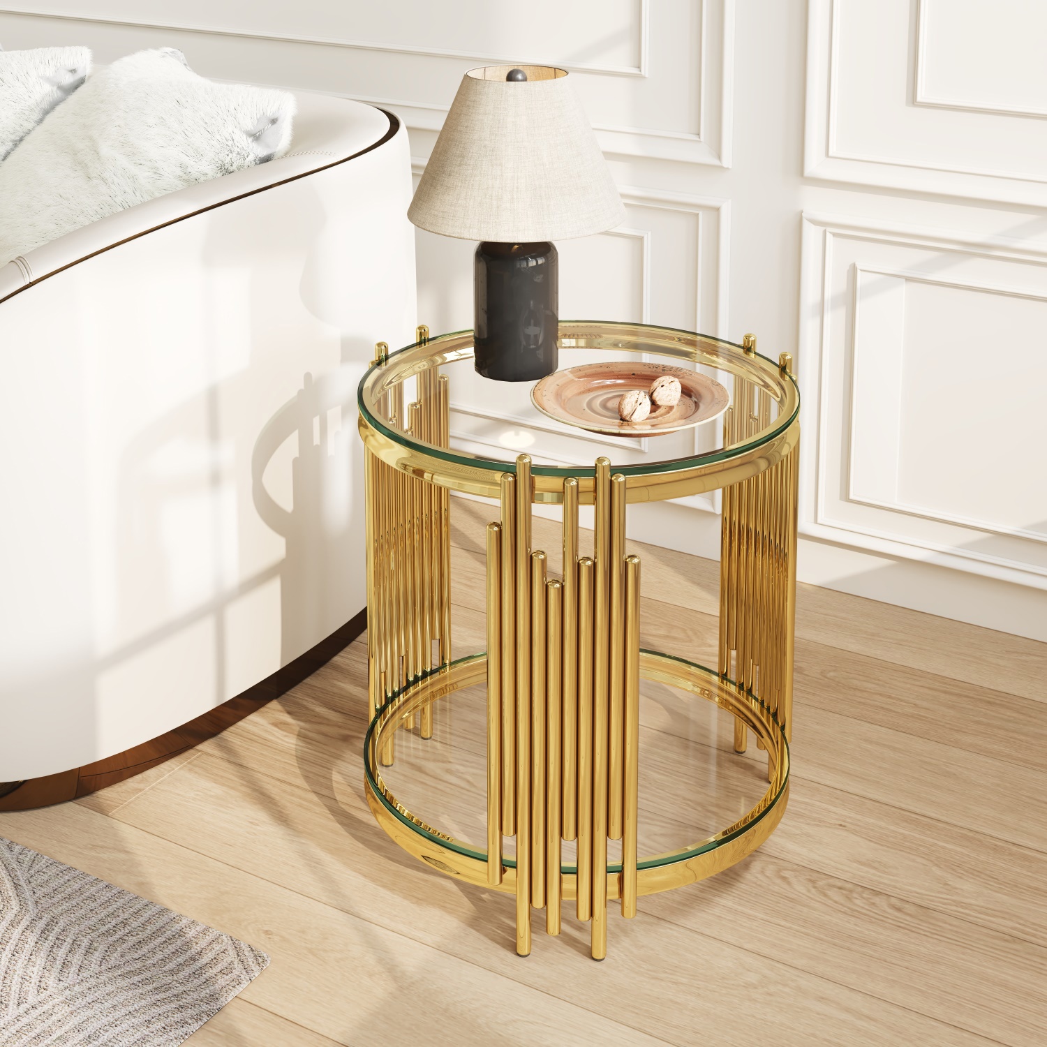 Hommoo 19.7 Inch Round Clear Glass End Table, 2-Tier Modern Luxury Side Table with Stainless Steel Organ-Pipe Base, Tempered Glass Top for Living Room, Bedroom & Home Office, Gold