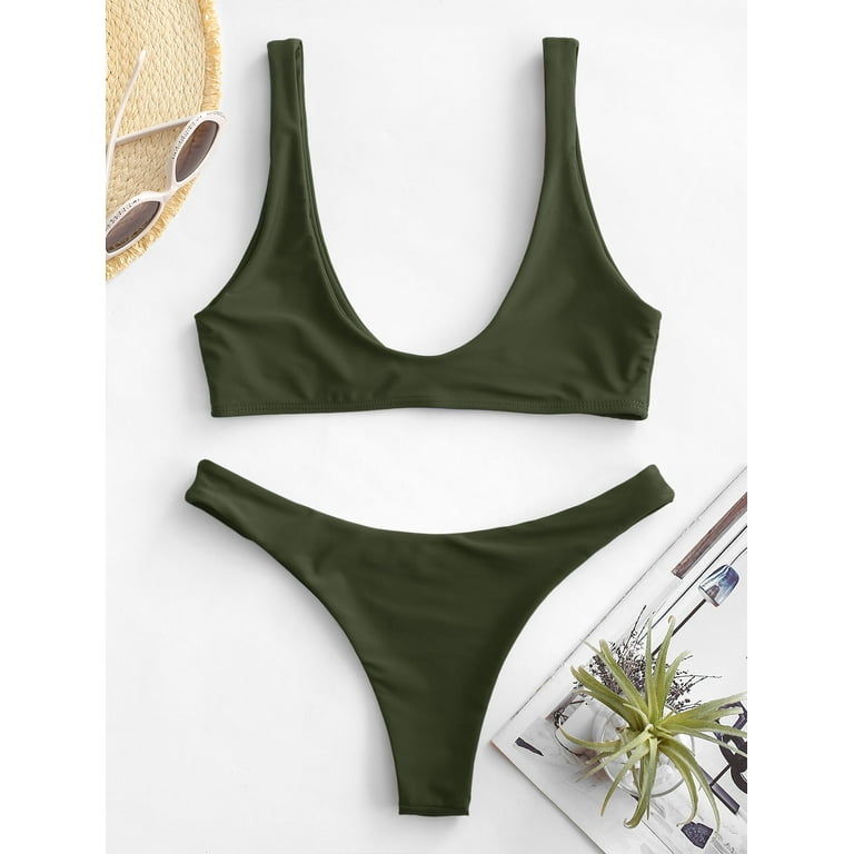 ZAFUL for Women High Cut Scoop Neck Bikini Set Army Green M