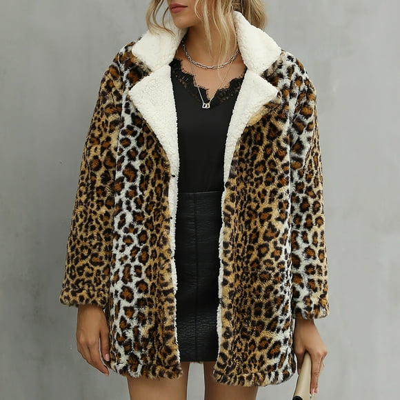 WREESH Women Winter Warm Coats Faux Coat Leopard Warm Furry Faux Jacket Long Sleeve Outerwear