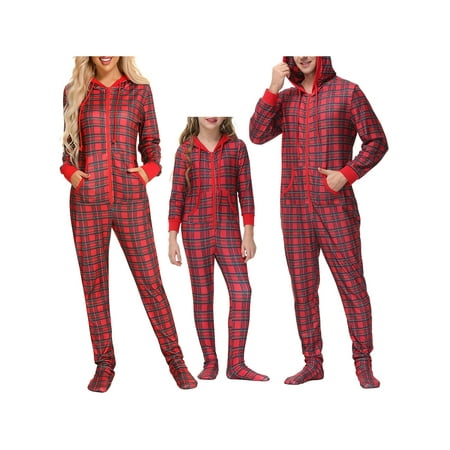 

AMILIEe Christmas Pajamas Adjustable Drawstring Hooded Jumpsuit with Pockets Sleepwear Red