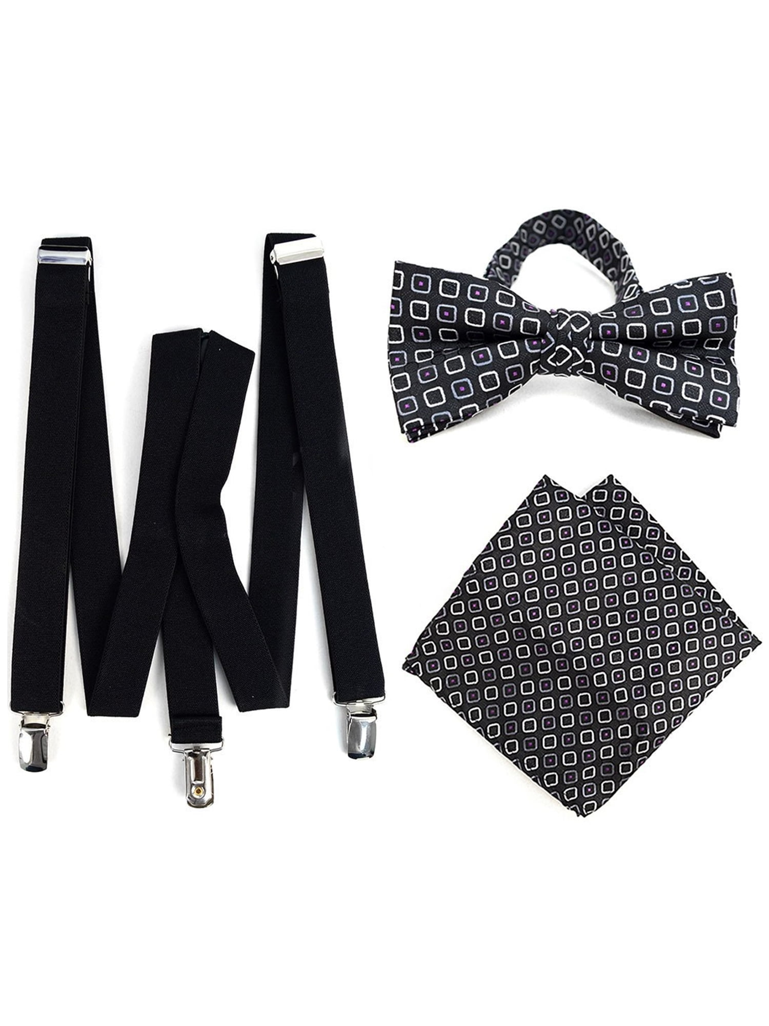 Bow Tie and Hanky Sets FYBTHSU5 Men's Black Checks 3 PC Clip-on Suspenders