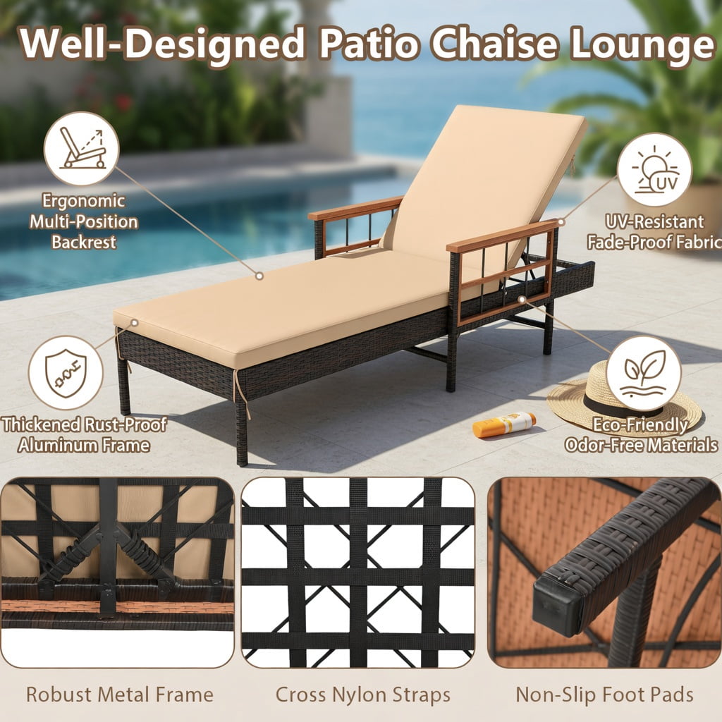 Hommoo Outdoor Chaise Lounge Chair with 4-Position Adjustable Backrest, Cushions, PE Rattan & Acacia Wood Frame, White
