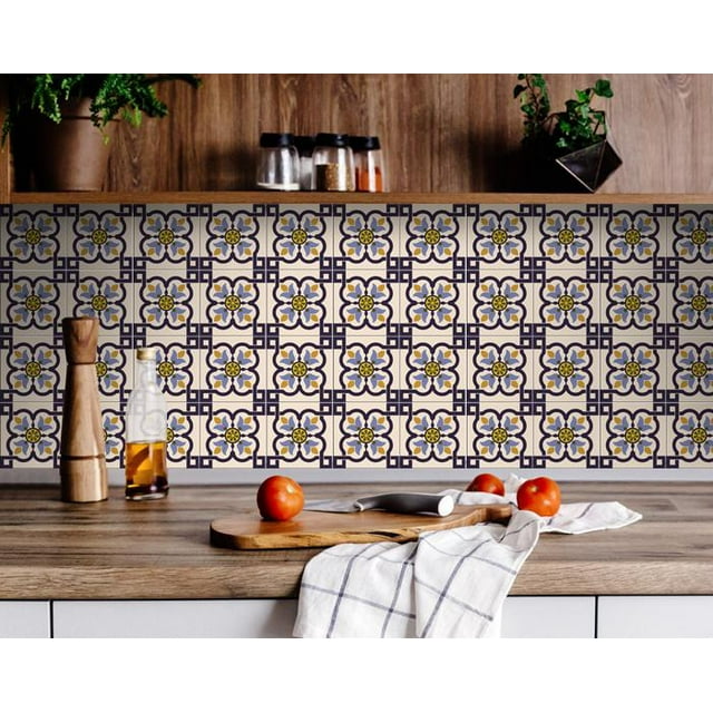 homeroots home decor 400014 8" X 8" Azul Flora Peel and Stick Removable Tiles