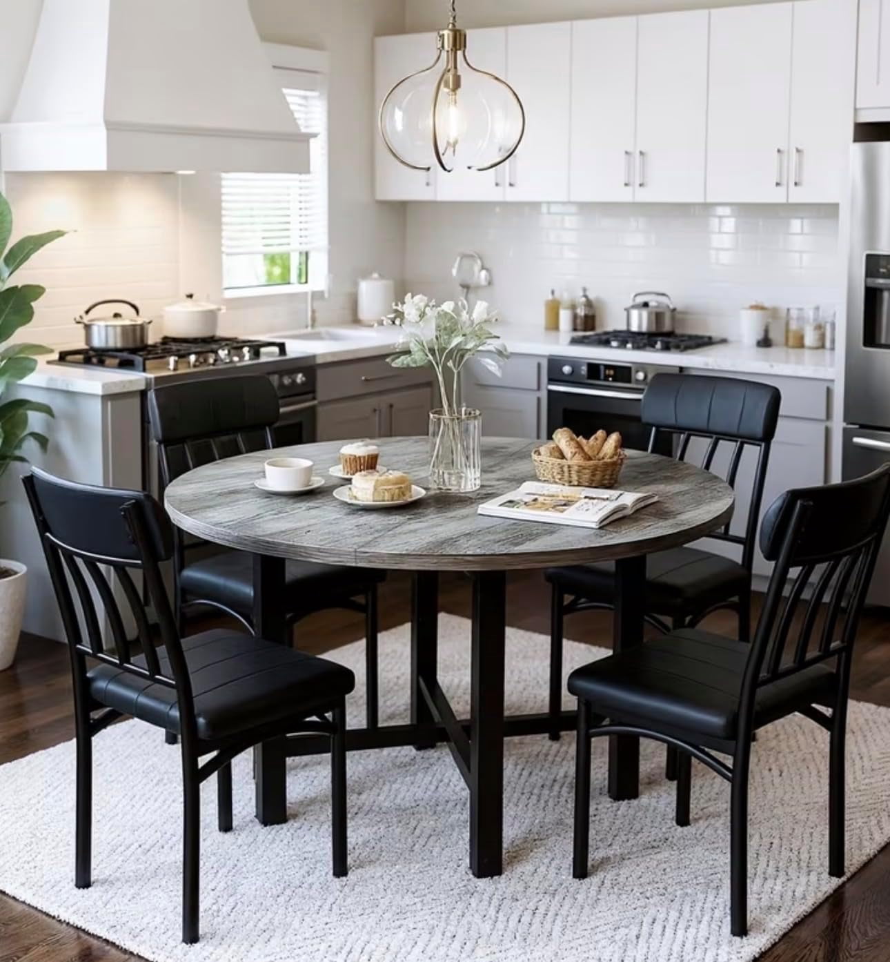 MIERES Round Dining Table Set for 4,Wood Round Kitchen Table and Chairs Set for 4,Modern Dining Room Table Set with 4 Faux Leather Chairs,Round Dinner Table for Small Space Gray