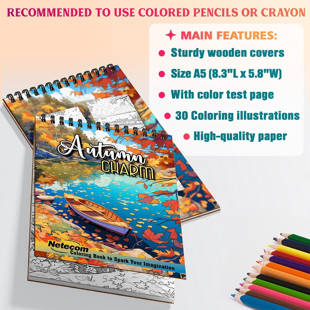 Netecom Autumn Charm Coloring Book Spiral Bound for Adults, A5 Wooden Cover, 30 Charming Coloring Pages of Fall Scenes for Stress Relief and Relaxation