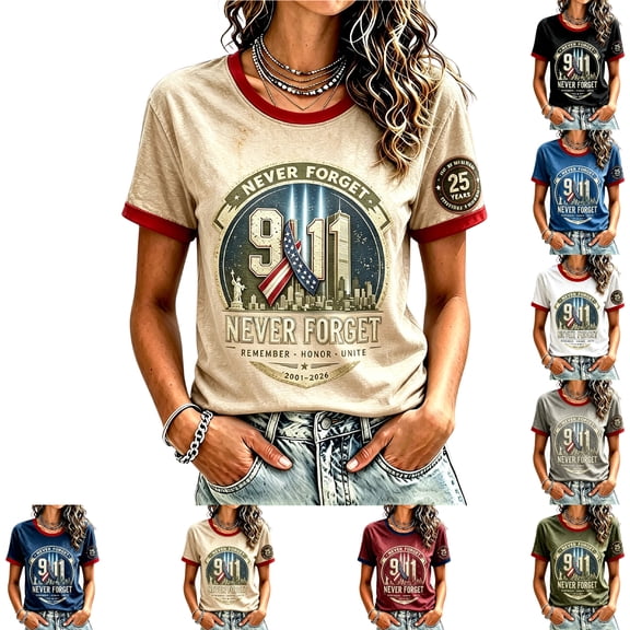 911 We Will Never Forget Short Sleeve Tops for Women 9/11 25th Anniversary Shirt Patriotic American Flag Memorial Faith Tshirt Khaki M