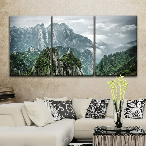 wall26 3 Panel Canvas Wall Art - Mountains Landscape with Green Trees - Giclee Print Gallery Wrap Modern Home Art Ready to Hang - 16"x24" x 3 Panels