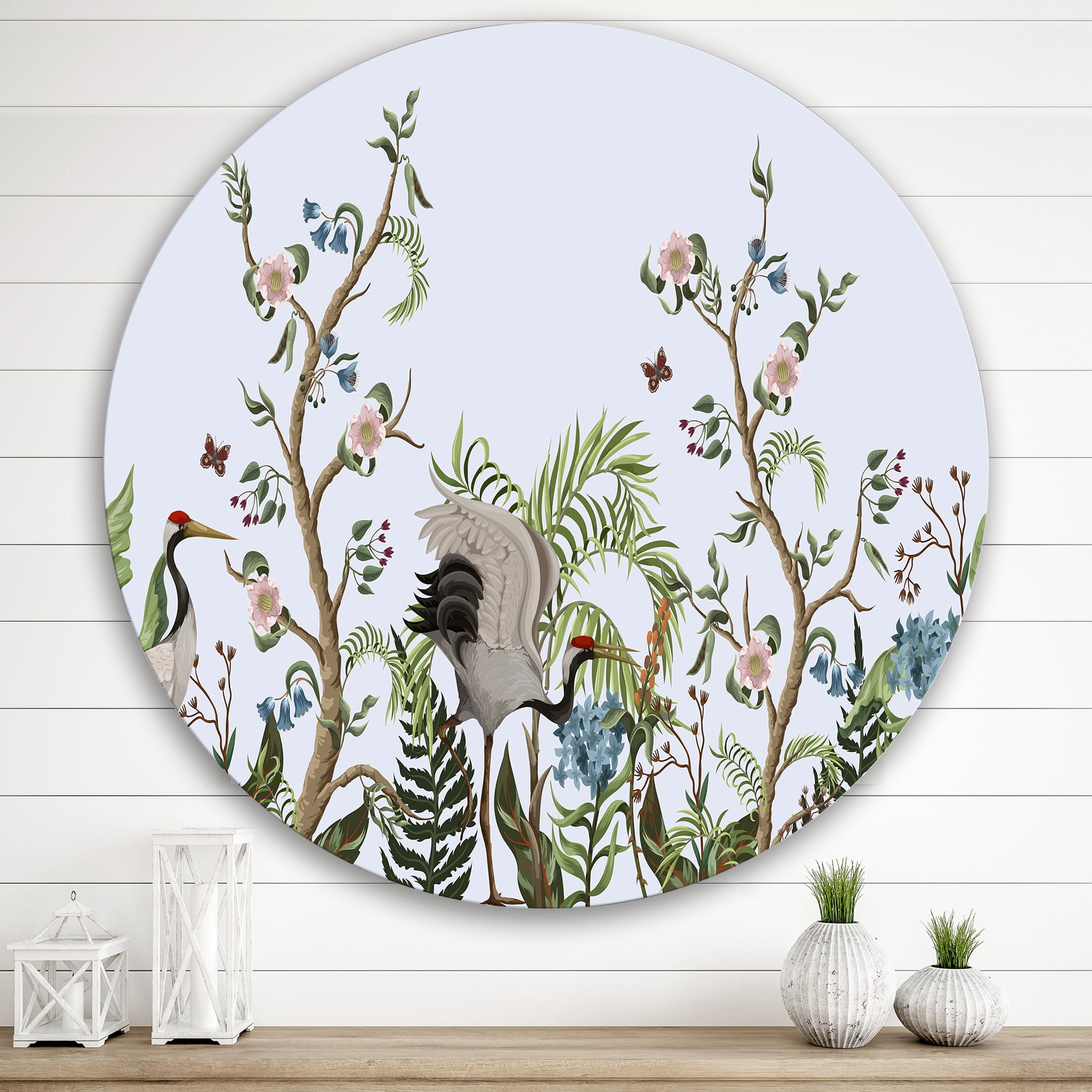 Designart 'Border With Peonies and Cranes In Chinoiserie Style' Traditional Circle Metal Wall Art 36x36 - Disc of 36