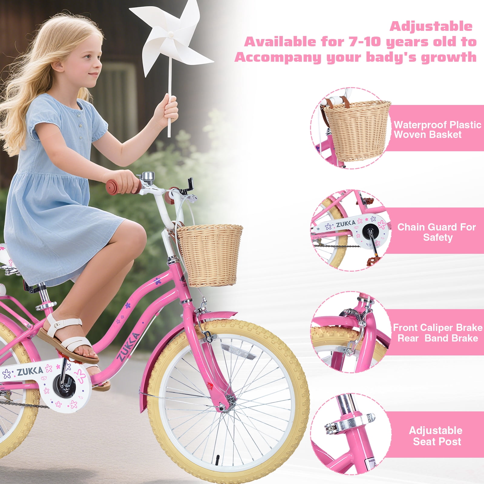 Aukfa 20" Girls Bike for Ages 7-10, Carbon Steel Frame Kids Bicycle,Woven Basket and Dual Brakes, Pink