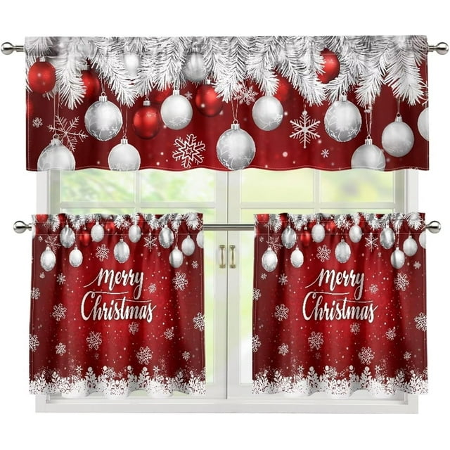 Merry Christmas Kitchen Curtains and Valances Set of 3, Rod Pocket Curtains for Bathroom Living Room Privery Panels 24 Inch Length Kitchen Window Treatment for Coffee Kitchen Decor