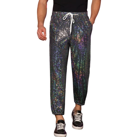 INSPIRE CHIC Sequins Drawstring Pants for Men's Elastic Waist Nightwear Club Shiny Jogger 36 Silver