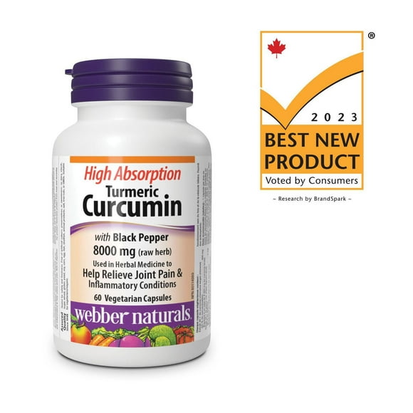 Webber Naturals Turmeric Curcumin High Absorption with Black Pepper 8000 mg (raw herb), 60 Vegetarian Capsules