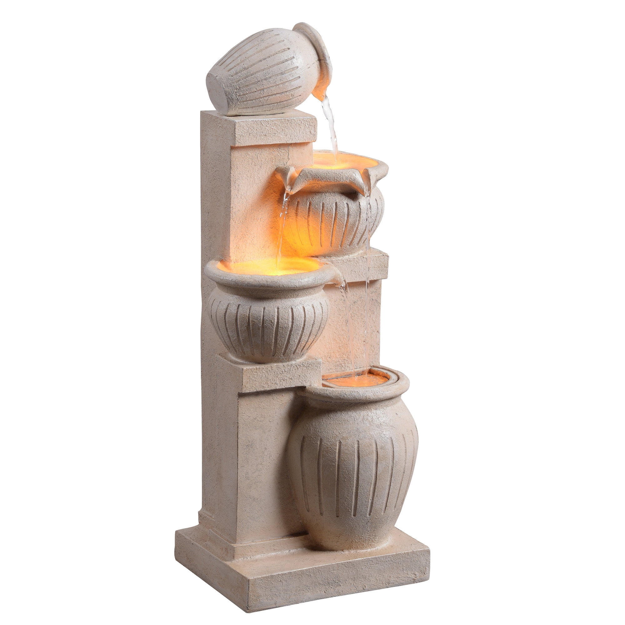 Teamson Home Outdoor 4-Tier Cascading Bowl Water Fountain with LED Lights, Solar-Powered & Adjustable Flow Rate, Natural