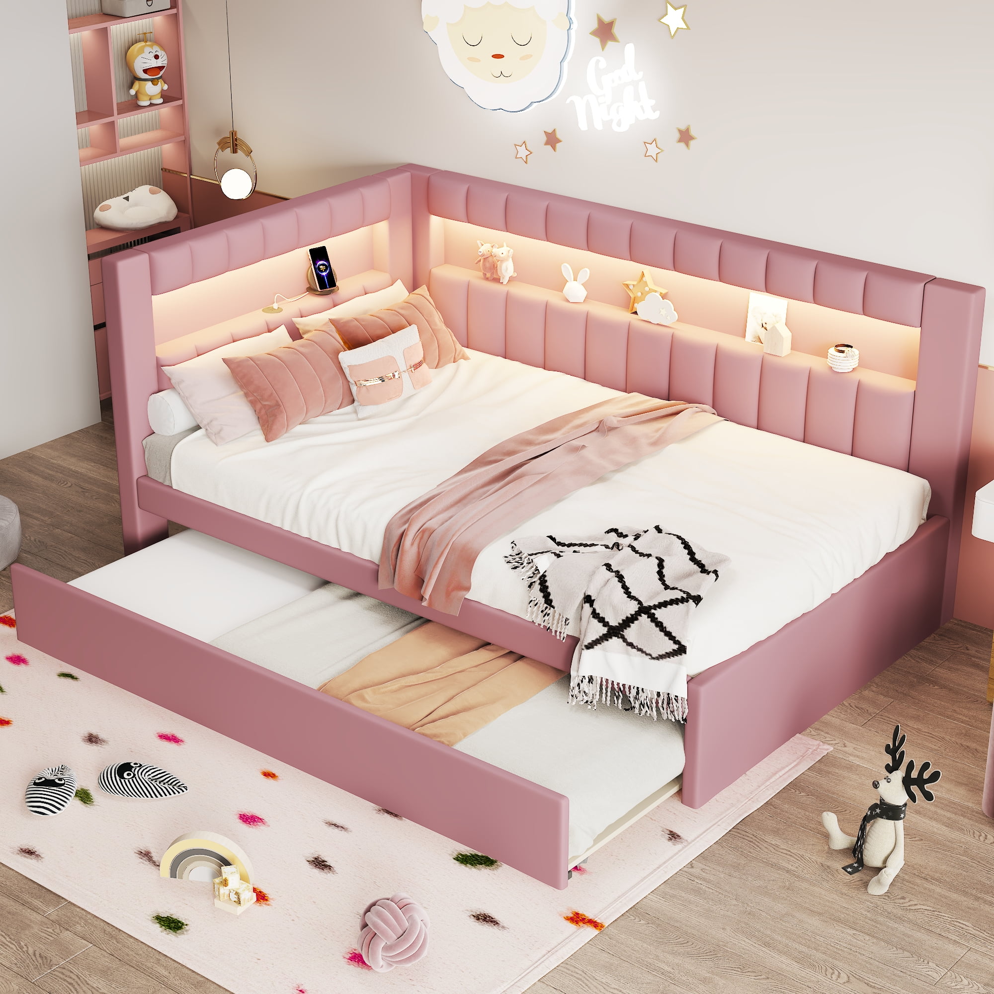 Noble House Upholstered Twin Size Platform Bed with USB Ports and LED Belt, With Trundle, Pink