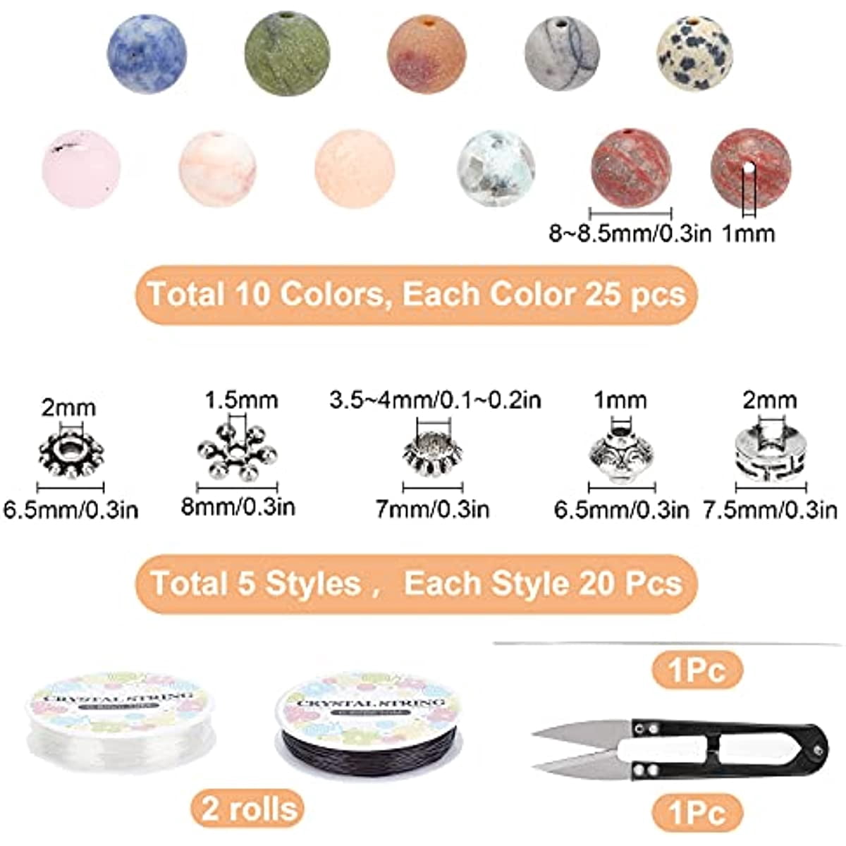 350Pcs+ Stone Beads Box Set Kits 10 Material 8mm Natural Frosted Stone 5 Styles Alloy Spacer Beads Red Blue Spot Jasper Aventurine