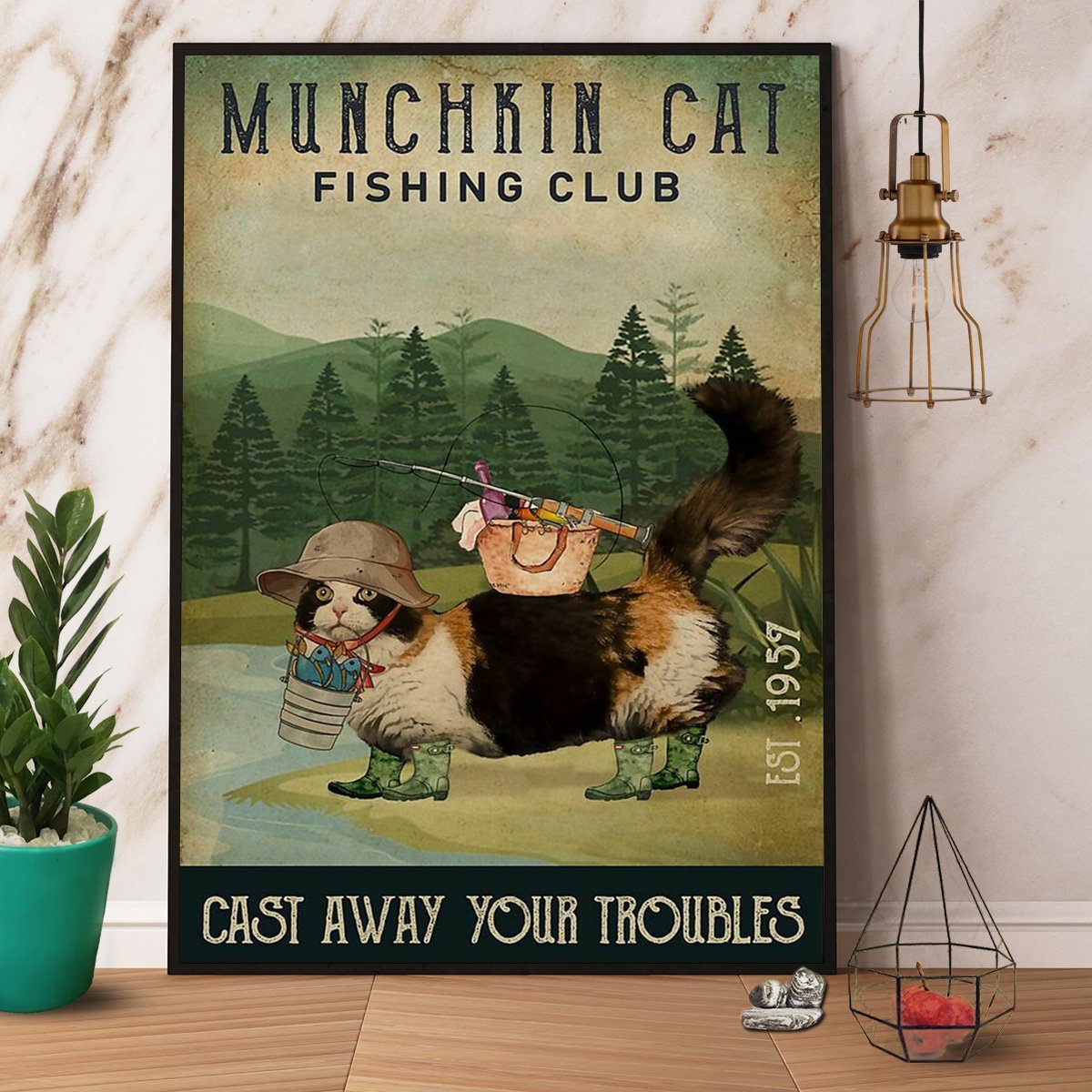 Fishing Cast Away Munchkin Cat Vintage Fish Cat Forest Vertical Paper Poster No Frame 11 x 17 Inch Poster