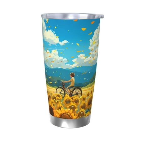 

Salouo Field Bicycle Young Sunflower Print 20oz Tumbler with Lid Stainless Steel Vacuum Insulated Tumbler Durable Insulated Coffee Mug Thermal Cup with Splash Proof Sliding Lid-Without Straw