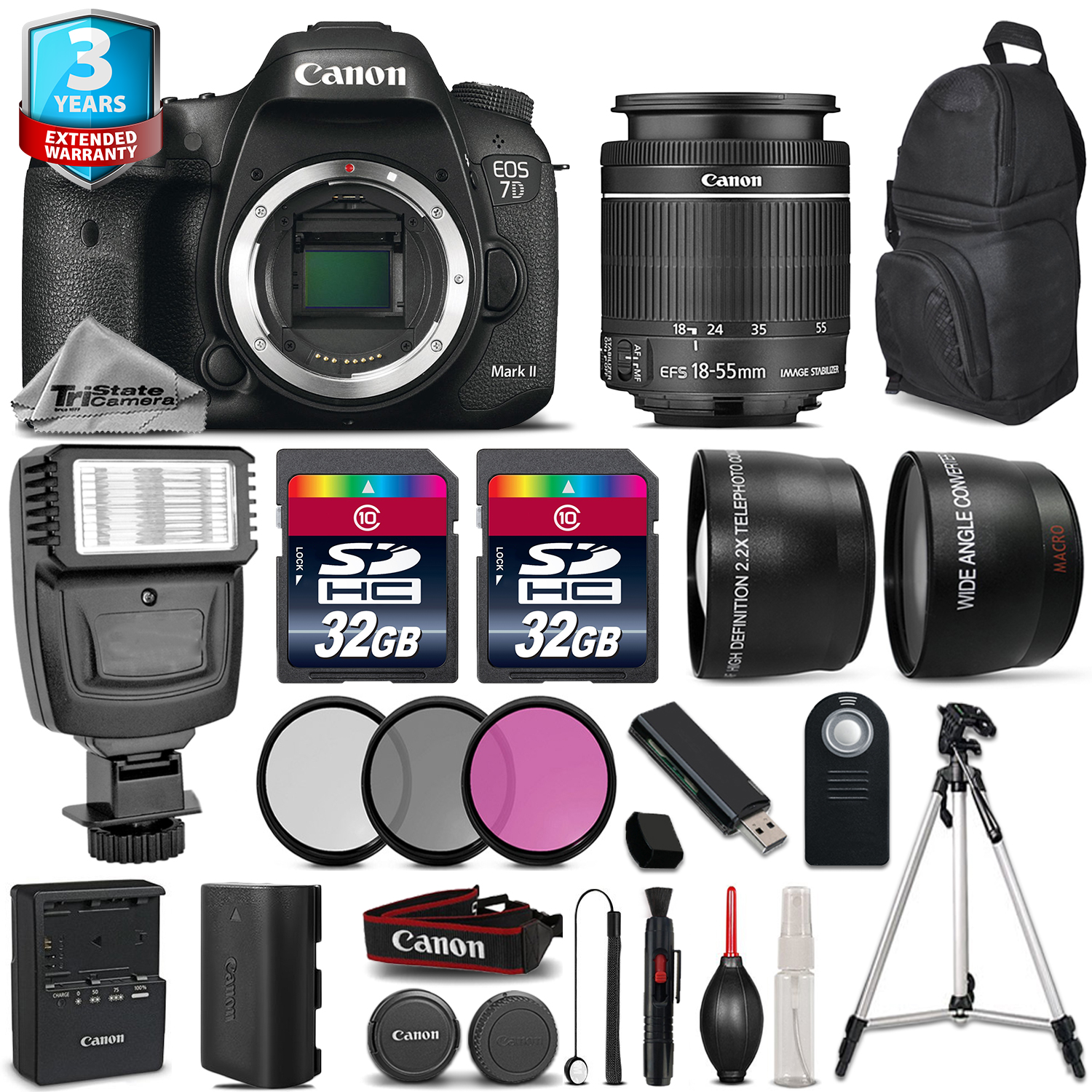 Canon EOS 7D Mark II Camera + 1855mm + Flash + 64GB + Filters + 3yr