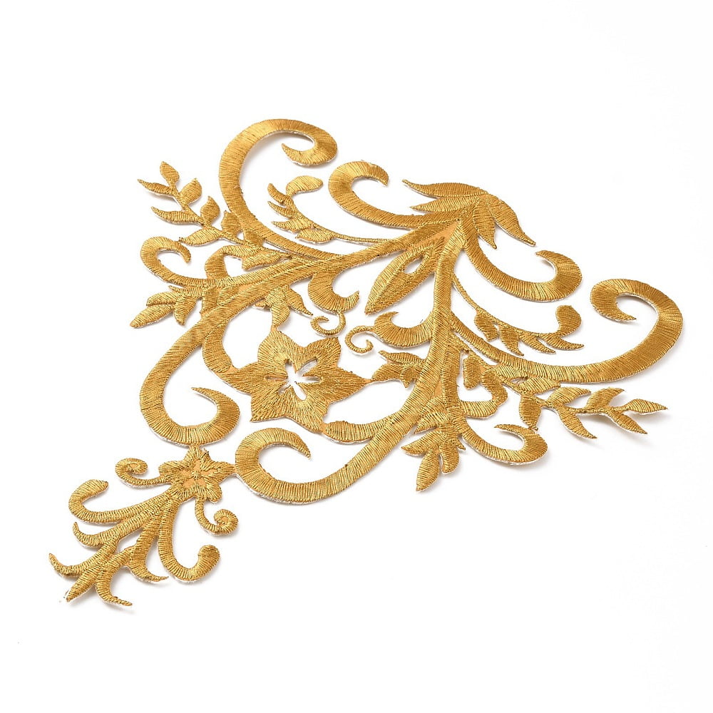 Floral Pattern Polyester Computerized Embroidery Iron on/Sew on Patches Ethnic Style Metallic Thread Embroidery Appliques with Adhesive Back Gold 240x222x1mm