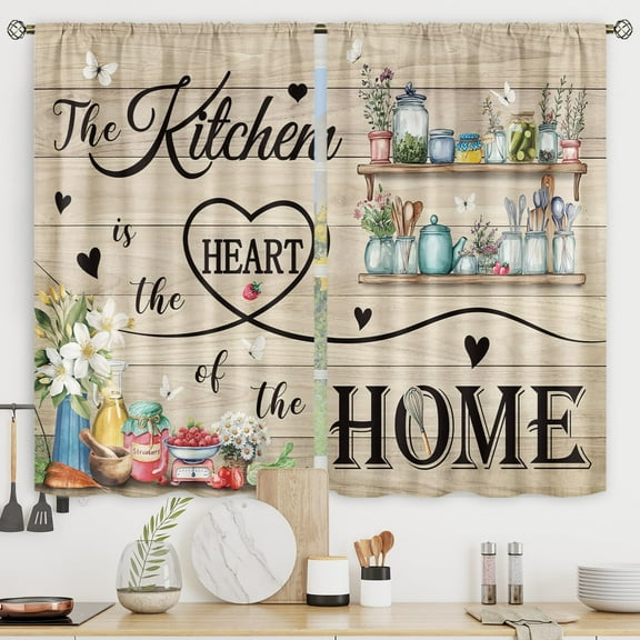 Farmhouse Vintage Kitchen Curtains Rustic Wood Plank Barn Door Retro Country Cups Fruits Butterfly Countryside Rod Pocket Floral Bedroom Living Room Treatment Fabric 2 Panels 28Wx40H Inch