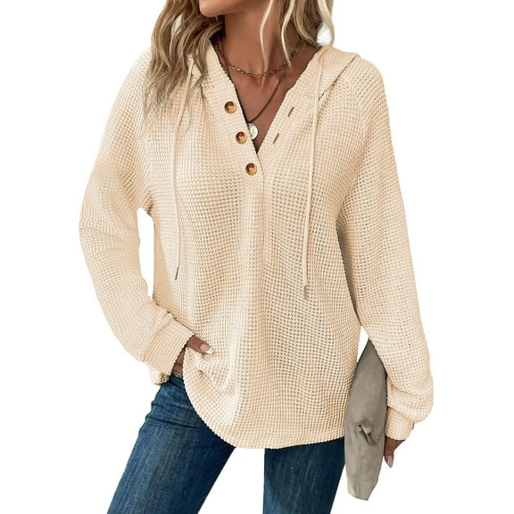 Mohiass Hoodies for Women Trendy Waffle Knit Button Oversized Sweatshirt Hooded Loose Fit V Neck Long Sleeve Fall Clothes Beige M