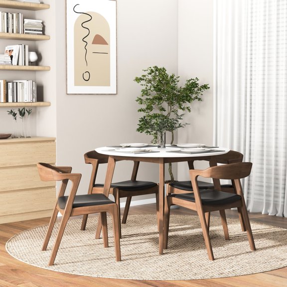 White Dining Table With 4 Stunning Mid-century Modern Walnut Chairs - Fashionable Look And 100% Kiln-dried Wood, Walnut, Chic