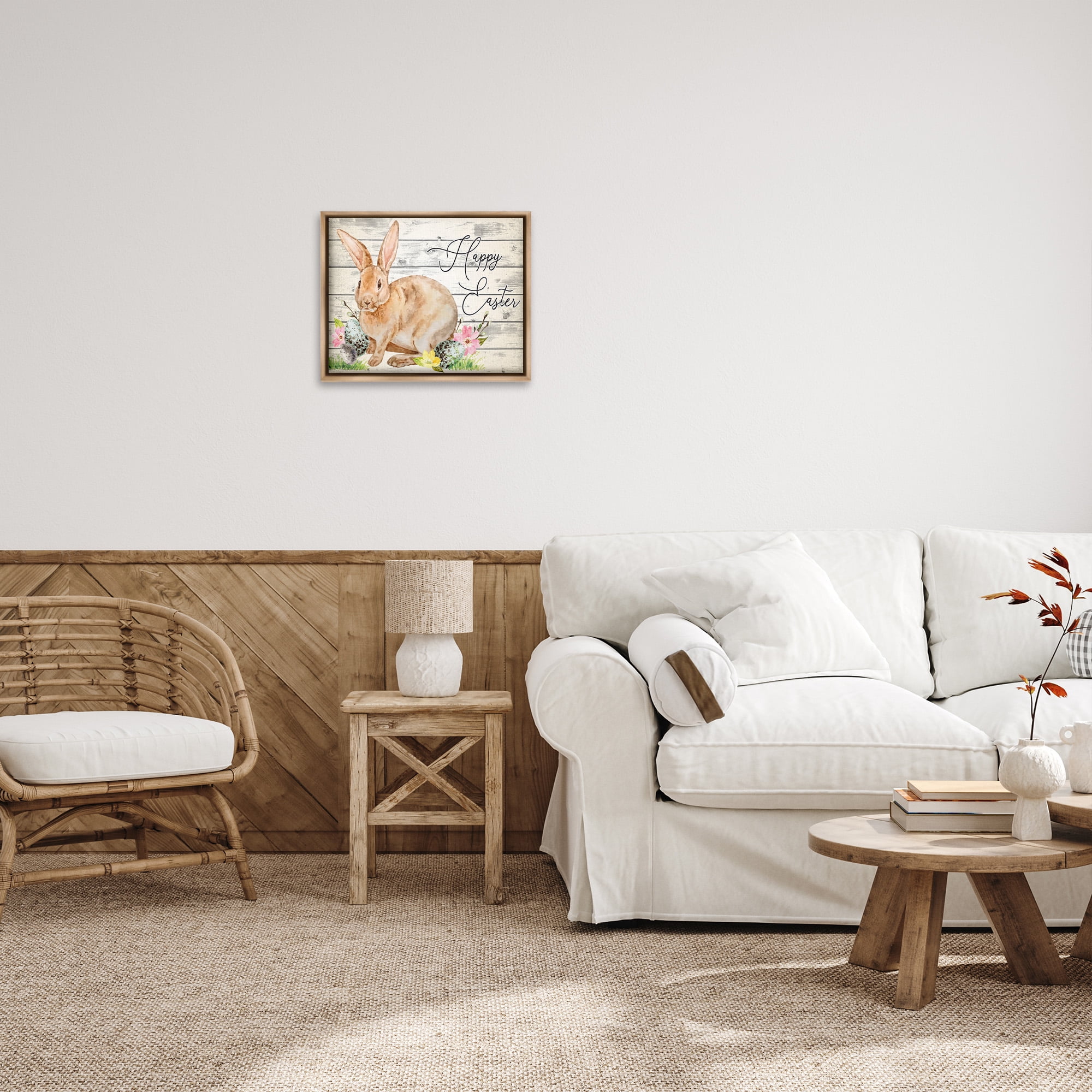 Spring Floral Happy Easter Bunny Brown Floating Frame Canvas Art, 21 x 17, By Nicole DeCamp