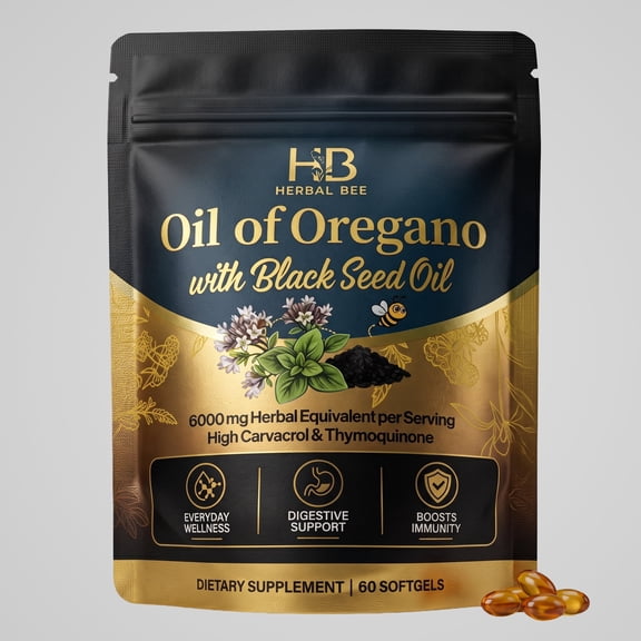 Herbal Bee Oregano Oil with Black Seed Oil Softgels for Gut Health and Immune Support, 60 Count